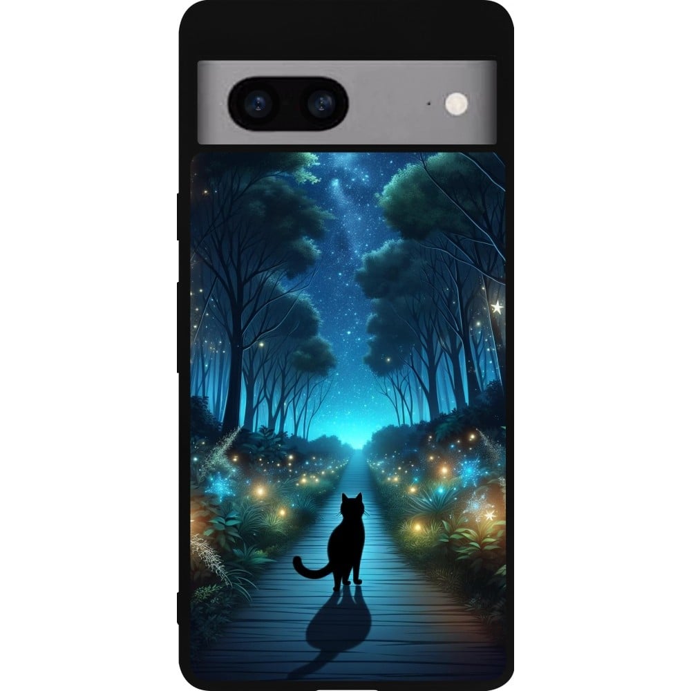 Coque Google Pixel 7a - Silicone rigide noir Chat noir promenade