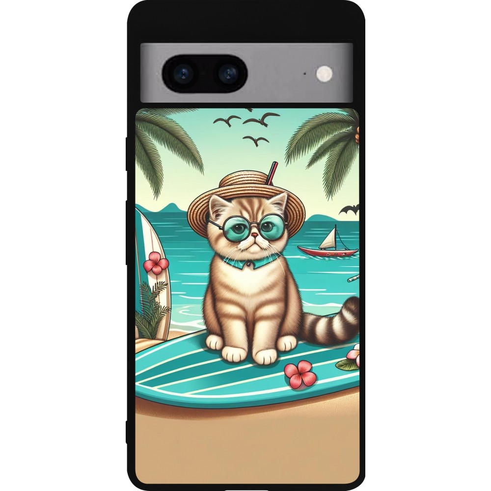 Coque Google Pixel 7a - Silicone rigide noir Chat Surf Style