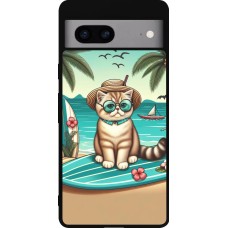 Coque Google Pixel 7a - Silicone rigide noir Chat Surf Style