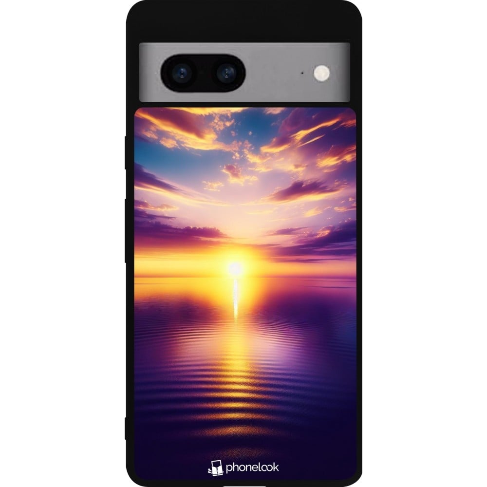 Coque Google Pixel 7a - Silicone rigide noir Coucher soleil jaune violet