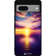 Coque Google Pixel 7a - Silicone rigide noir Coucher soleil jaune violet