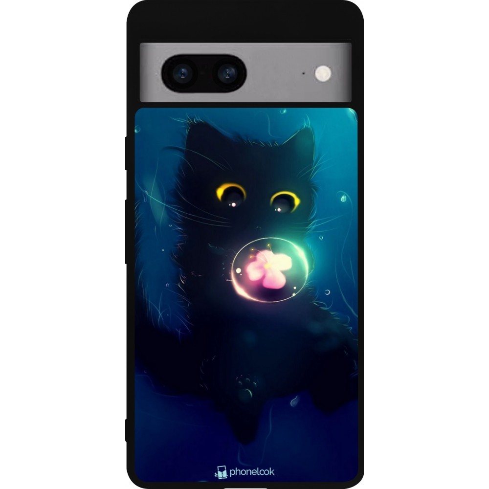 Coque Google Pixel 7a - Silicone rigide noir Cute Cat Bubble