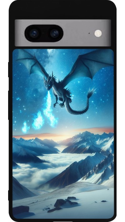 Coque Google Pixel 7a - Silicone rigide noir Dragon nocturne montagne