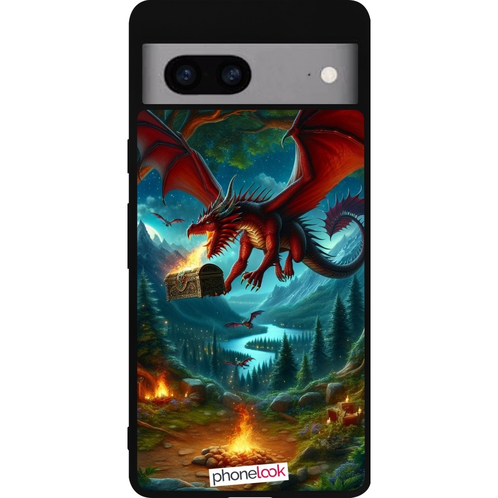 Coque Google Pixel 7a - Silicone rigide noir Dragon Volant Forêt Trésor