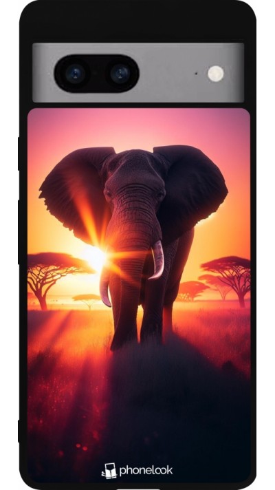 Coque Google Pixel 7a - Silicone rigide noir Elephant Sunrise Beauty