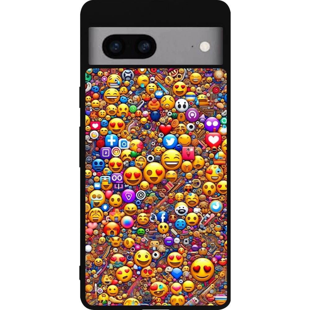 Coque Google Pixel 7a - Silicone rigide noir Emoji mixed