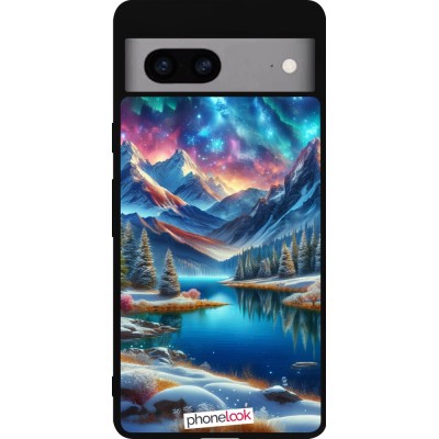 Coque Google Pixel 7a - Silicone rigide noir Fantasy Mountain Lake Sky Stars