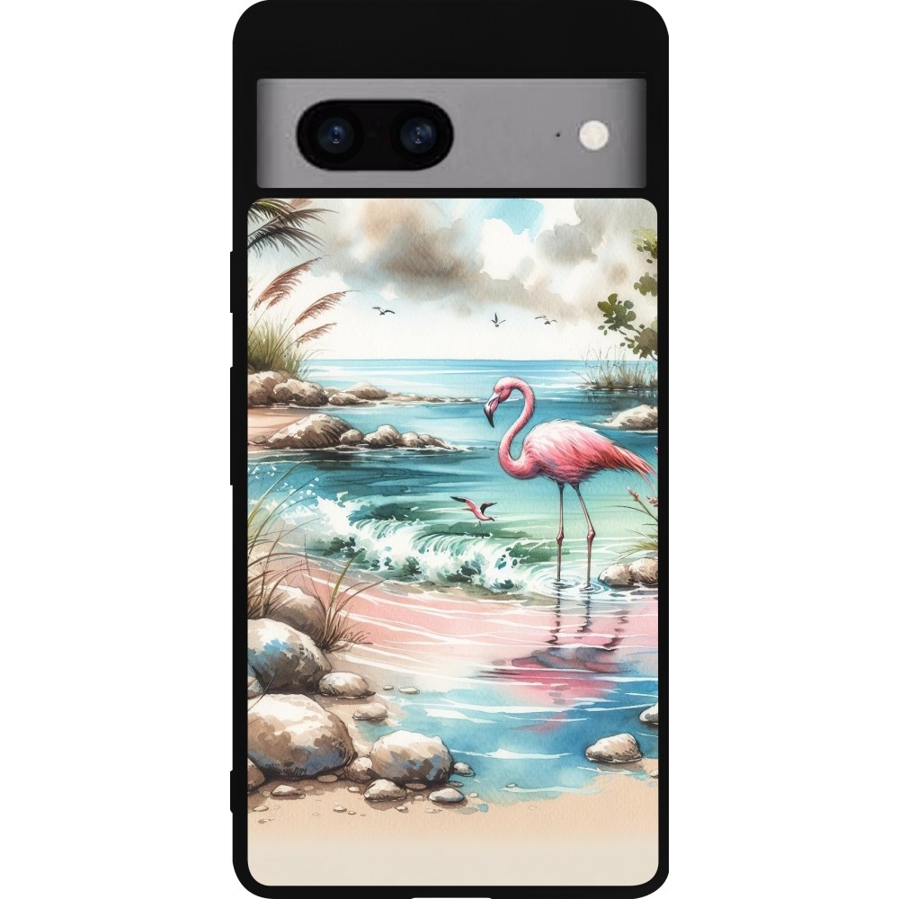 Coque Google Pixel 7a - Silicone rigide noir Flamant rose aquarelle