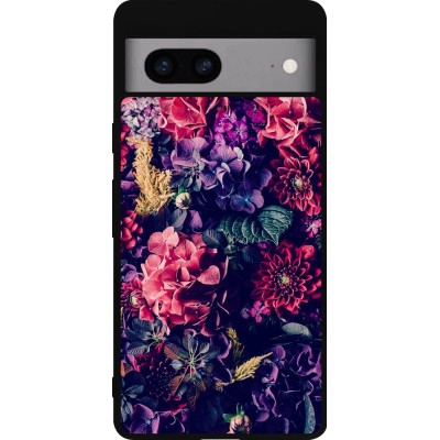 Coque Google Pixel 7a - Silicone rigide noir Flowers Dark