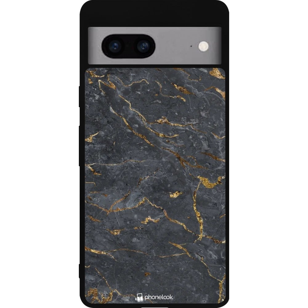 Coque Google Pixel 7a - Silicone rigide noir Grey Gold Marble