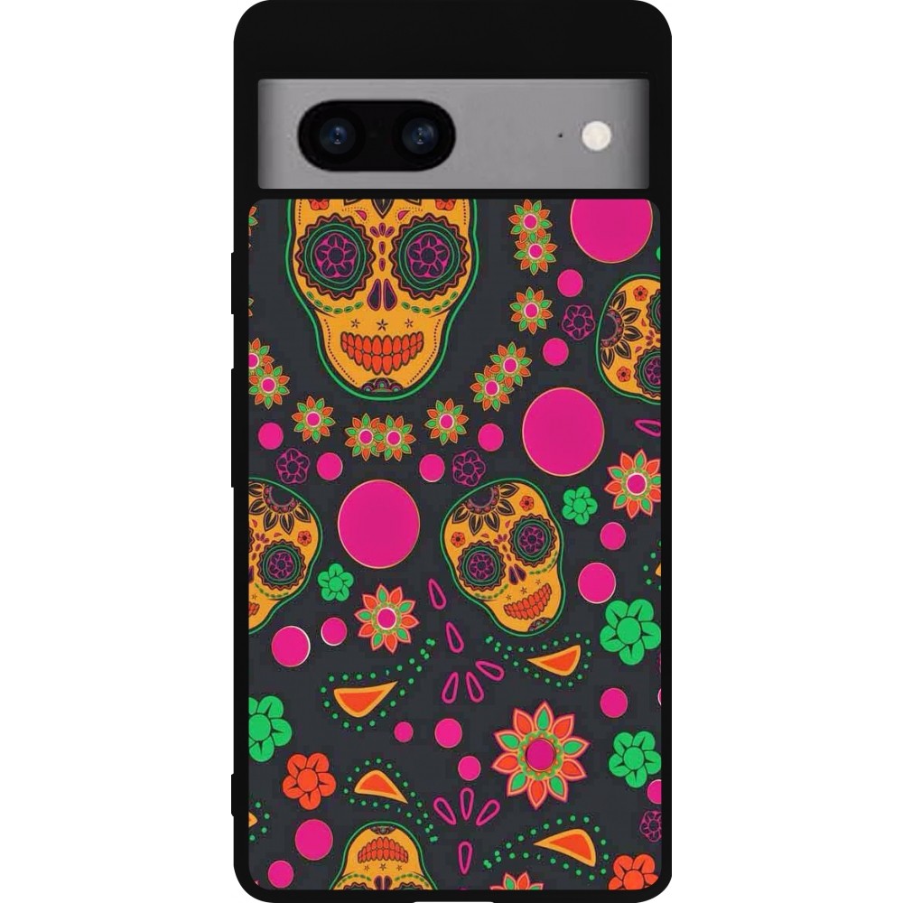 Coque Google Pixel 7a - Silicone rigide noir Halloween 22 colorful mexican skulls