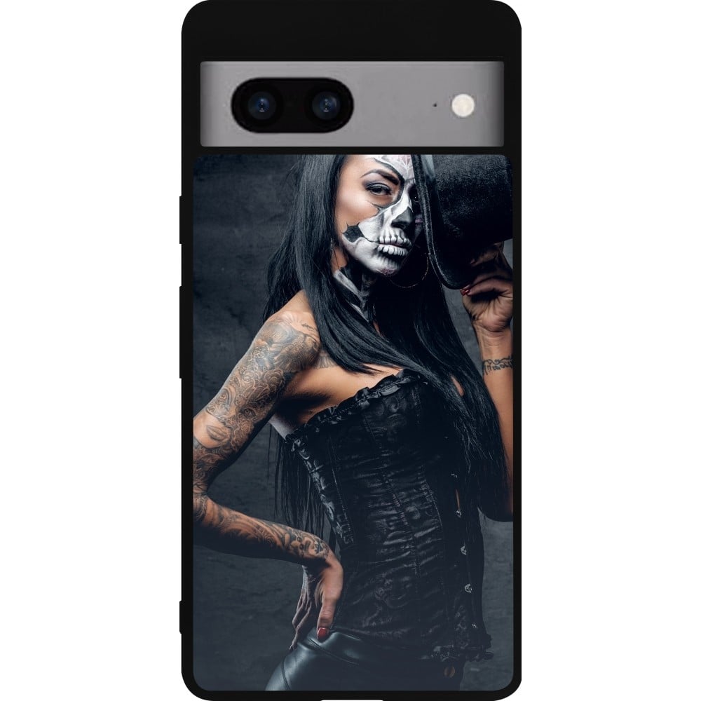 Coque Google Pixel 7a - Silicone rigide noir Halloween 22 Tattooed Girl