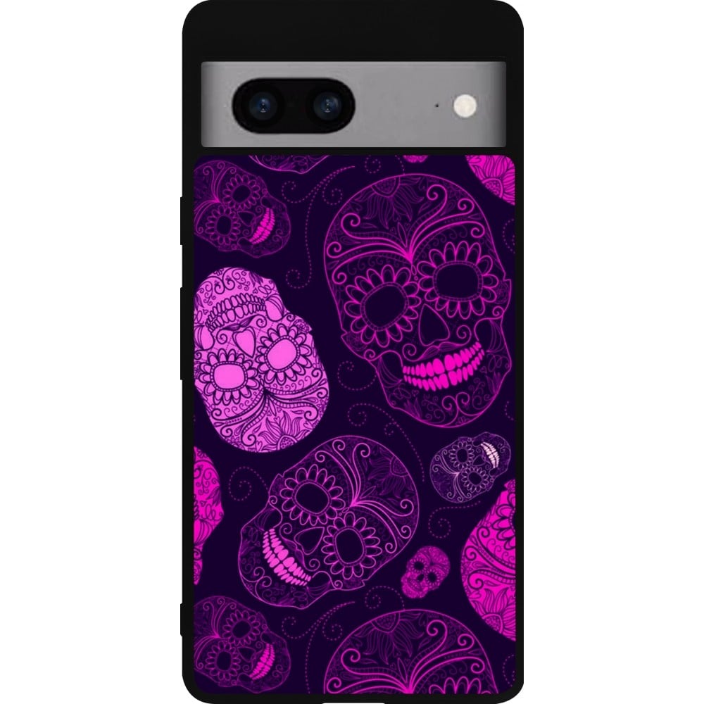 Coque Google Pixel 7a - Silicone rigide noir Halloween 2023 pink skulls