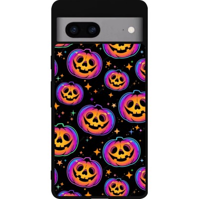 Coque Google Pixel 7a - Silicone rigide noir Halloween 2024 rainbow pumpkins