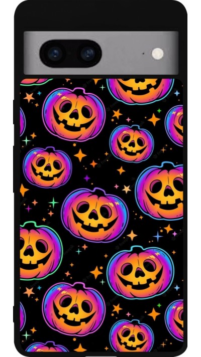 Coque Google Pixel 7a - Silicone rigide noir Halloween 2024 rainbow pumpkins