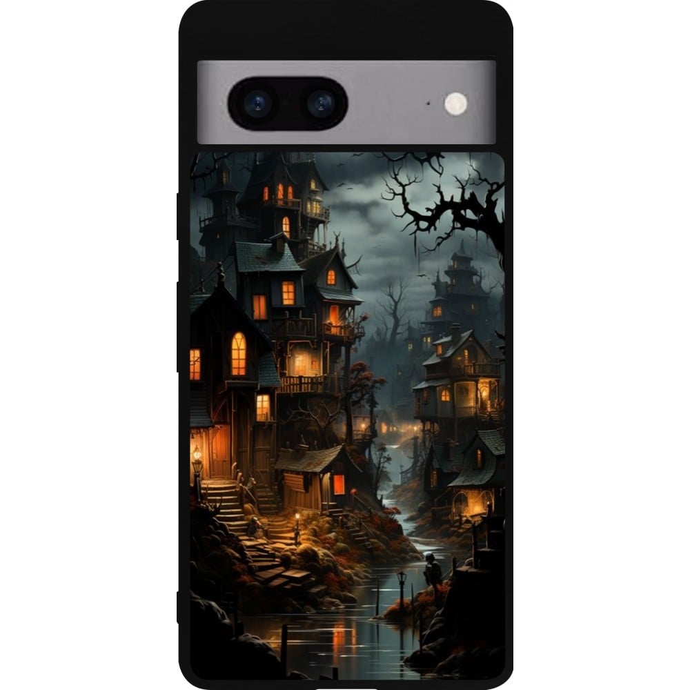 Coque Google Pixel 7a - Silicone rigide noir Halloween 2024 scary town