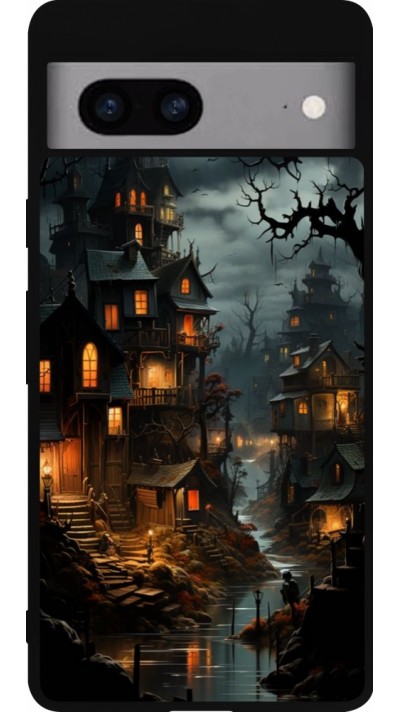 Coque Google Pixel 7a - Silicone rigide noir Halloween 2024 scary town