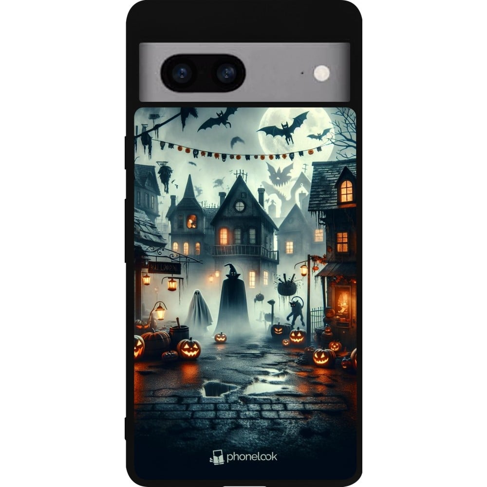 Coque Google Pixel 7a - Silicone rigide noir Halloween Spookville