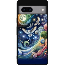 Coque Google Pixel 7a - Silicone rigide noir hibou volant floral