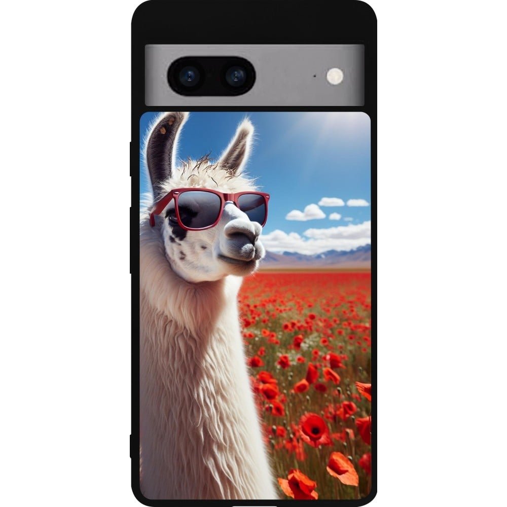 Coque Google Pixel 7a - Silicone rigide noir Lama Chic en Coquelicot