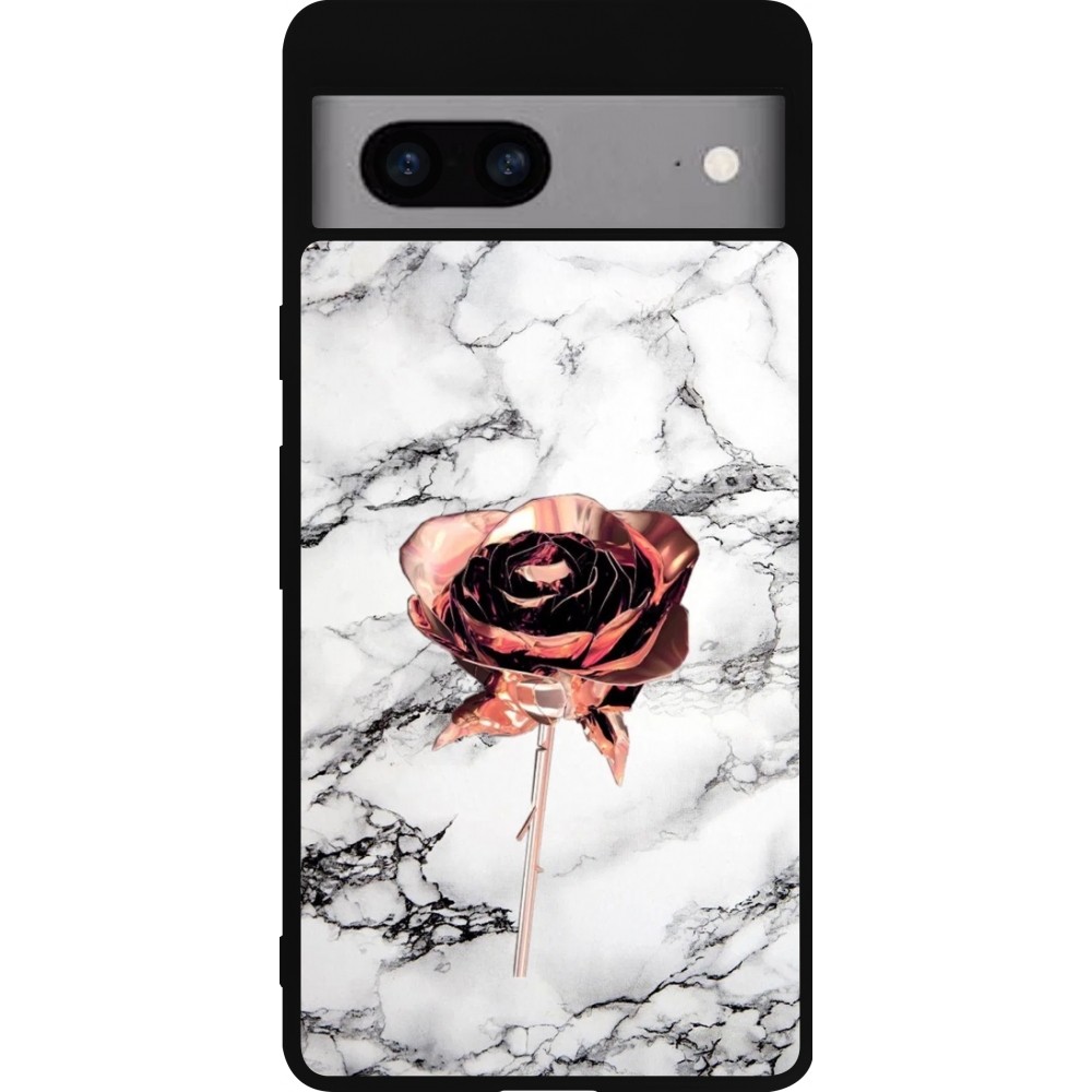 Coque Google Pixel 7a - Silicone rigide noir Marble Rose Gold