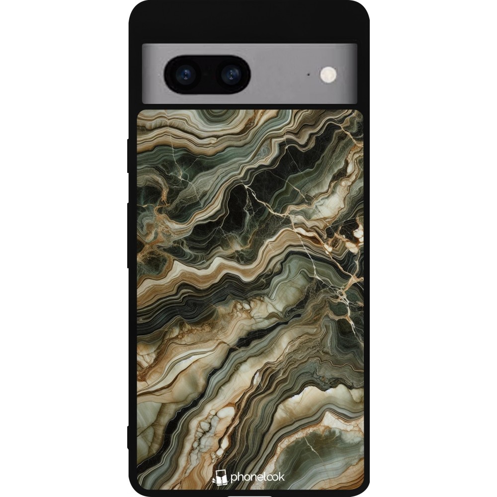 Coque Google Pixel 7a - Silicone rigide noir Marbre Olive