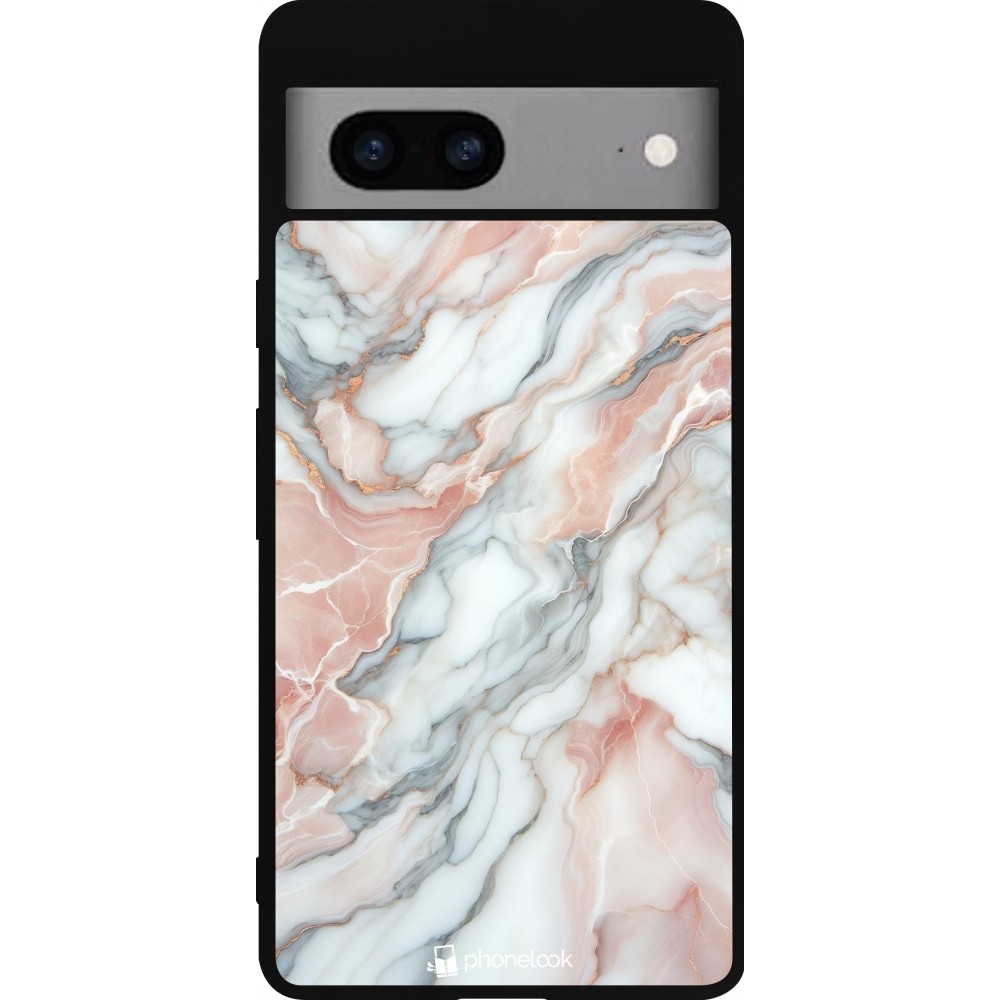 Coque Google Pixel 7a - Silicone rigide noir Marbre Rose Lumineux