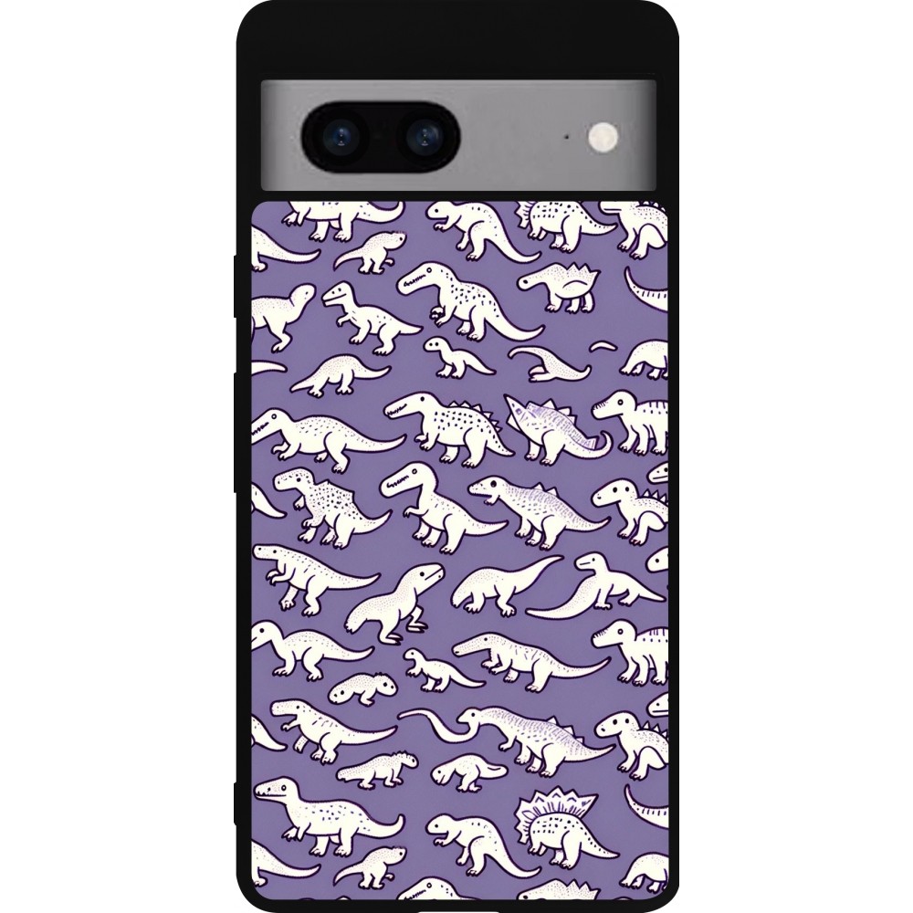 Coque Google Pixel 7a - Silicone rigide noir Mini dino pattern violet