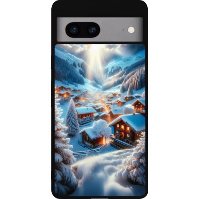 Coque Google Pixel 7a - Silicone rigide noir Mont Neige Lumière