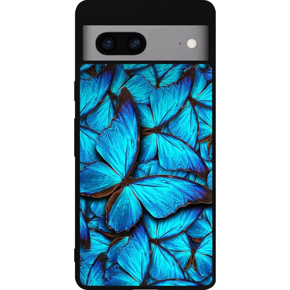 Coque Google Pixel 7a - Silicone rigide noir Papillon bleu