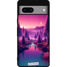 Coque Google Pixel 7a - Silicone rigide noir Paysage Violet-Rose