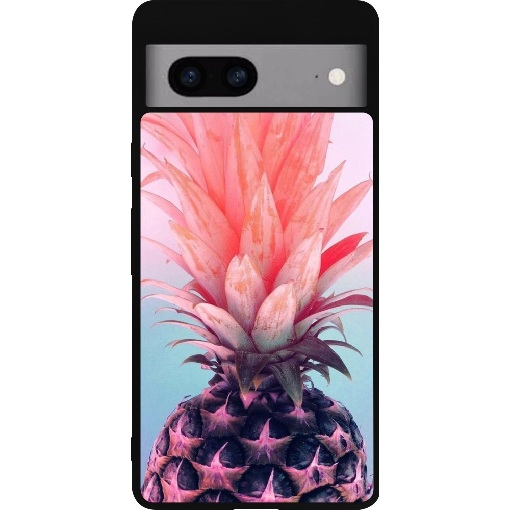 Coque Google Pixel 7a - Silicone rigide noir Purple Pink Pineapple