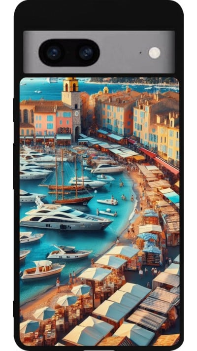 Coque Google Pixel 7a - Silicone rigide noir Saint-Tropez Beach