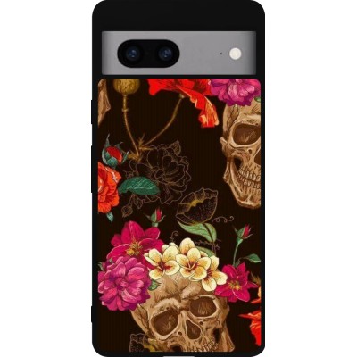 Coque Google Pixel 7a - Silicone rigide noir Skulls and flowers