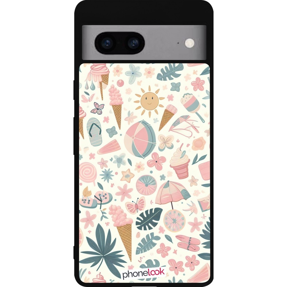 Coque Google Pixel 7a - Silicone rigide noir Summer Pink Pattern