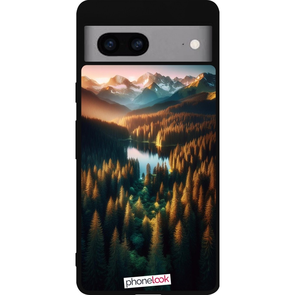 Coque Google Pixel 7a - Silicone rigide noir Sunset Forest Lake