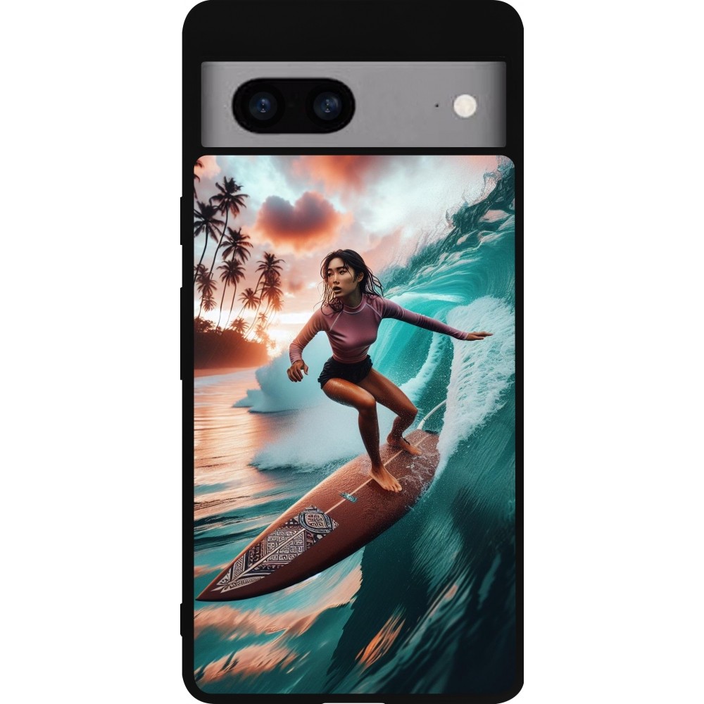 Coque Google Pixel 7a - Silicone rigide noir Surfeuse Balinaise