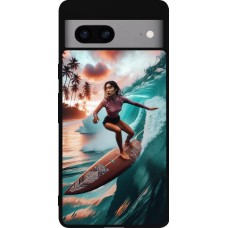 Coque Google Pixel 7a - Silicone rigide noir Surfeuse Balinaise