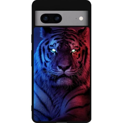 Coque Google Pixel 7a - Silicone rigide noir Tiger Blue Red