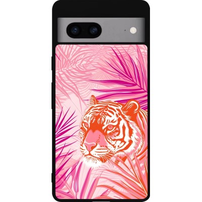 Coque Google Pixel 7a - Silicone rigide noir Tigre palmiers roses