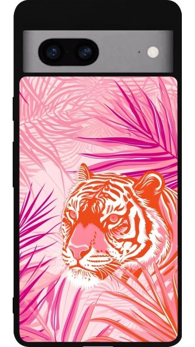 Coque Google Pixel 7a - Silicone rigide noir Tigre palmiers roses