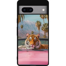 Coque Google Pixel 7a - Silicone rigide noir Tigre voiture rose