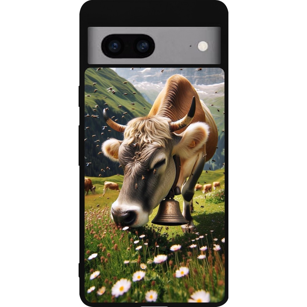 Coque Google Pixel 7a - Silicone rigide noir Vache montagne Valais