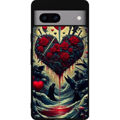 Coque Google Pixel 7a - Silicone rigide noir Dark Love Coeur Sang