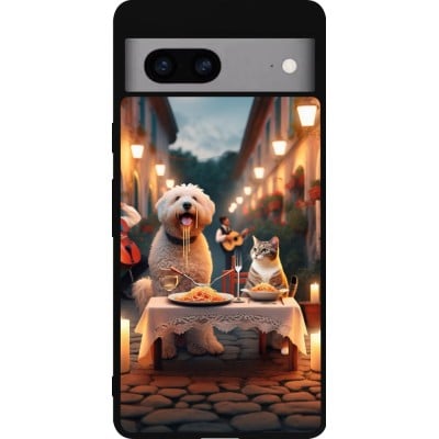 Coque Google Pixel 7a - Silicone rigide noir Valentine 2024 Dog & Cat Candlelight