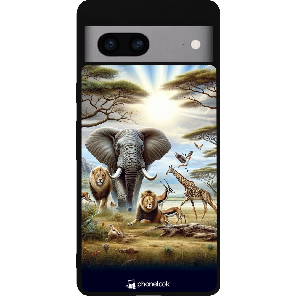 Coque Google Pixel 7a - Silicone rigide noir Vie sauvage africaine