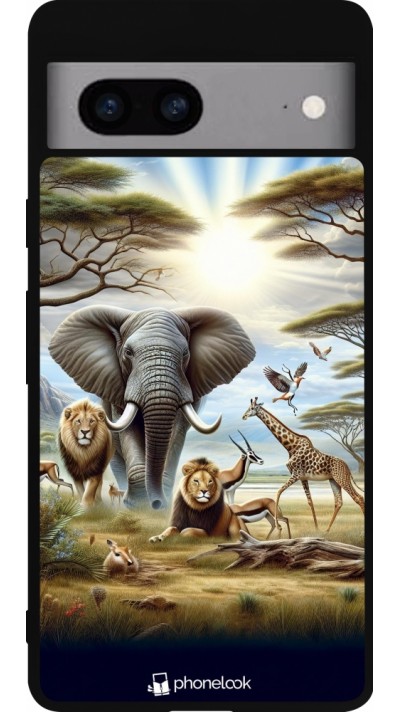 Coque Google Pixel 7a - Silicone rigide noir Vie sauvage africaine