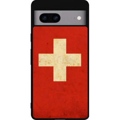 Coque Google Pixel 7a - Silicone rigide noir Vintage Flag SWISS