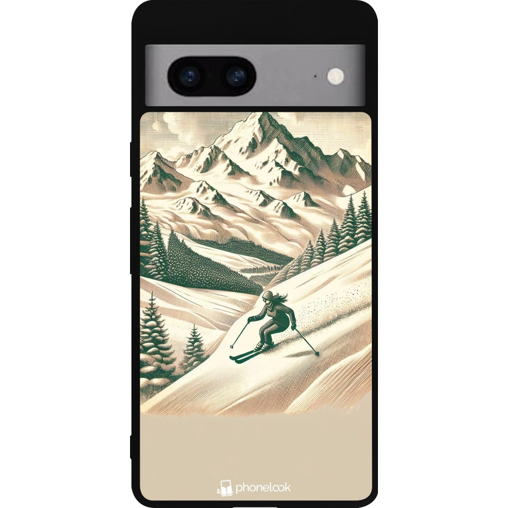 Coque Google Pixel 7a - Silicone rigide noir Vintage Ski Mountain