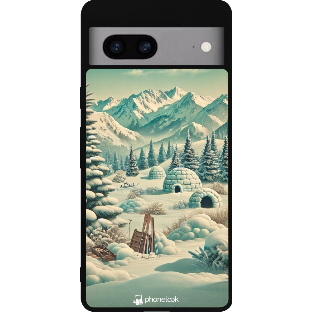 Coque Google Pixel 7a - Silicone rigide noir Vintage Snowy Mountain Igloo